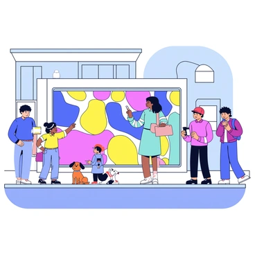 An artist stands in front of a large wall, actively painting a vibrant mural. The mural features abstract shapes and bright colors, catching the eye of several passersby. One person, a woman with a turquoise dress, is leaning closer to inspect the details. A man wearing a red cap is taking a photo of the mural with his phone. In the foreground, a child with pigtails is pointing at a colorful section of the mural, while a small dog sits by her feet, curiously watching. The scene is lively, with a clear sky above and the busy street in the background.