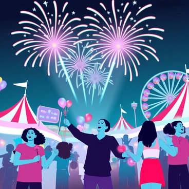 A vibrant festival crowd with diverse individuals, including children and adults, is cheering enthusiastically. They are dressed in summer attire, holding lighted sparklers and colorful balloons. Above them, a spectacular display of colorful fireworks bursts into various shapes such as stars, hearts, and spirals, illuminating the night sky. The background features a lively carnival with bright lights and festive decorations, including a ferris wheel and booths selling cotton candy and other treats. The atmosphere is filled with excitement and joy, captured in the expressions of the crowd as they gaze upward in wonder.