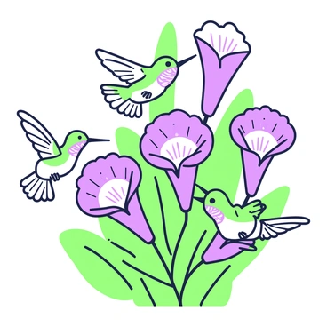 A group of hummingbirds is darting around a vibrant cluster of blooming trumpet flowers. The flowers are large, with flared, tubular shapes and a mixture of intricate petal textures. Each hummingbird has iridescent feathers, with elongated bodies and wings in motion, creating a blur effect as they hover near the flowers. The background features lush greenery with varying shapes of leaves that provide depth to the scene. The whole setting captures the dynamic movement of the birds as they feed on the nectar from the blossoms.