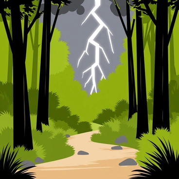 A dense forest with tall, green trees and thick foliage creating a rich canopy. The path through the forest is dirt and lined with small rocks. A sudden flash of bright white lightning illuminates the scene, casting sharp shadows and highlighting the details of the trees and ground. Dark storm clouds fill the sky above, creating a dramatic contrast with the bright flash. The ground is slightly wet, suggesting recent rain, and a few small puddles reflect the lightning.