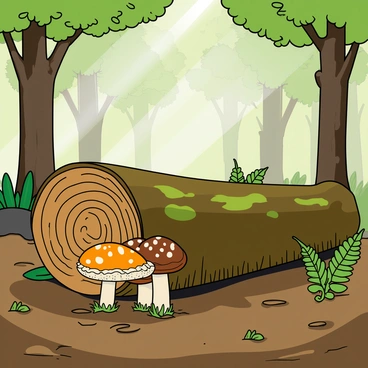 A thick, moss-covered log lies on the forest floor, partially covered by leaves and twigs. From the log, several clusters of mushrooms are sprouting, showcasing various colors like creamy white, bright orange, and deep brown. The mushrooms have rounded caps and delicate gills visible underneath. Surrounding the log, a soft mist envelopes the woodland, softening the outlines of tall trees with green leaves. Sunlight filters through the branches above, creating dappled light patterns on the ground. A few ferns grow nearby, contributing to the lush woodland atmosphere.