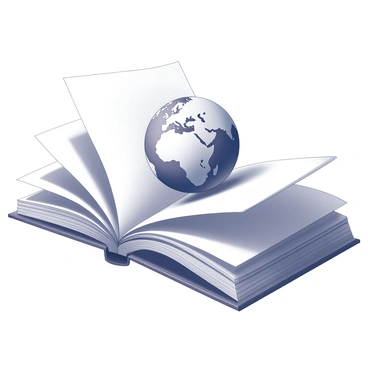 An open book is displayed, its pages fanned out. From the center of the book, a three-dimensional illustration of Earth appears to rise, showcasing continents and oceans. The texture of the pages is visible, with fine lines and curves creating a sense of depth. The Earth is depicted in detail, with visible geographical features and a sense of dimension, contrasting with the flatness of the book's pages. The light casts shadows that accentuate the three-dimensional quality of the Earth.