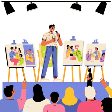 A renowned artist stands on a small stage, holding a microphone and smiling as they engage with the audience during a Q&A session. The artist is depicted with short wavy hair and wearing a colorful patterned shirt. The background features an array of artworks displayed on easels, showcasing vibrant illustrations. Audience members can be seen, attentively listening and raising their hands to ask questions. Bright spotlights illuminate the artist and the artworks, creating a lively atmosphere for the illustration art auction.