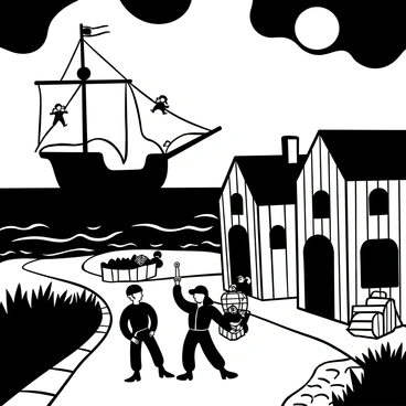A pirate ship with tattered sails silently approaches a quiet coastal town under a "full moon" in the sky. Shadows of "pirates" in dark clothing can be seen climbing the ship's rigging and preparing to board. The town's buildings, made of "weathered wood," are illuminated by the moonlight, casting long shadows on the cobblestone streets. A small group of "pirates" is stealthily moving towards the shore, carrying "swords" and "treasure chests" with them. In the background, the "calm sea" reflects the moonlight, creating a tranquil yet tense atmosphere in the scene.