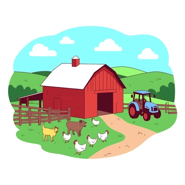 A red barn with a white roof stands in the center of a green field. In front of the barn, there is a group of cheerful farm animals, including a brown cow, a playful yellow calf, and several white chickens pecking at the ground. A blue tractor is parked beside the barn, and a wooden fence surrounds the area. In the background, rolling hills covered in lush green grass stretch under a clear blue sky with fluffy white clouds scattered throughout. A dirt path leads to the barn, adding to the rustic charm of the farm.