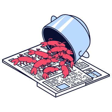 A close-up of a large, shiny metal pot with a polished surface. The pot is tipped over, and numerous crawfish are spilling out from it. The crawfish are a bright red color, with distinct claws and long antennae. They are landing on a table that is covered with a patterned newspaper. The newspaper features various articles and images, creating a textured background for the scene.