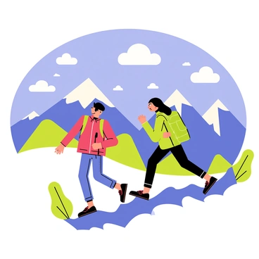 A couple hiking up a winding mountain trail. The man is wearing a red jacket and blue hiking pants, while the woman is dressed in a green jacket and black leggings. Both are wearing backpacks. Surrounding them are stylized mountains with sharp peaks and bold colors, showcasing digital art influences. The sky above is a vibrant blue with fluffy white clouds scattered throughout. The trail is rocky and lined with green foliage, adding detail to the scene.