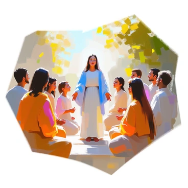 A scene depicting "Mary" surrounded by a group of devoted followers in a natural setting. She is portrayed with an ethereal glow, dressed in a flowing robe of soft blues and whites. The followers, men and women of various ages, are shown with expressions of awe and reverence as they gaze up at her. Each follower has unique features, some with long hair, others with head coverings, all attentive to her presence. The background features lush greenery and soft sunlight filtering through the trees, creating a serene atmosphere around the gathering.