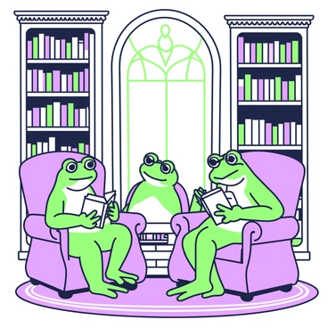 A group of frogs is sitting quietly on various plush chairs inside a grand Victorian library. The library features tall wooden bookshelves filled with books, some stacked and others standing upright. The frogs are engaged in reading; one frog wears tiny glasses and is focused on a book held in its webbed hands. Another frog leans back comfortably in its chair, with a book open on its lap. Soft light filters through an ornate window, illuminating the scene. The floor is covered with a rich rug that adds warmth to the setting, while intricate moldings decorate the library walls.