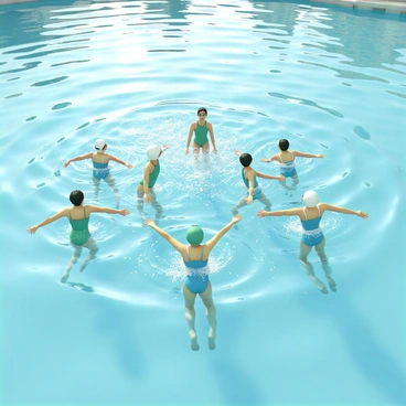 A group of synchronized swimmers, wearing bright blue and green swimsuits, performing an intricate routine in a crystal-clear swimming pool. The swimmers are positioned in a perfect formation, with some executing a graceful vertical lift while others create waves with their arms. Bubbles and splashes are visible around them as they move in harmony, showcasing their skill and precision. Above the water, sunlight filters through, casting shimmering reflections across the pool's surface.