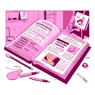 A pink open zine is spread on a wooden table, revealing pages filled with quirky illustrations and short articles. The illustrations depict various local artists at work, showcasing their unique styles and mediums. Each article is accompanied by playful fonts and bold headings. Scattered around the zine are colorful art supplies, such as markers and paint tubes, hinting at the creative process behind the content. The background features a cozy artist's studio with canvas and easels, creating an inviting atmosphere for creativity and expression.