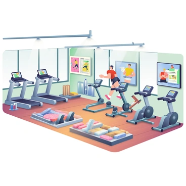 A spacious gym filled with advanced fitness equipment is arranged neatly throughout the room. On the left side, there are modern treadmills with digital screens displaying various running courses. A row of sleek stationary bikes is positioned nearby, each equipped with virtual trainer options for guided workouts. In the center, a large area features weightlifting machines with adjustable settings and colorful weights. 

On the walls, there are large monitors showcasing virtual trainers demonstrating exercises and techniques. The flooring is made of polished wood, enhancing the atmosphere of activity. The gym is well-lit with bright overhead lights, and large windows allow natural light to illuminate the space. A water station with filled bottles stands in the corner, and towels are neatly arranged on a shelf.
