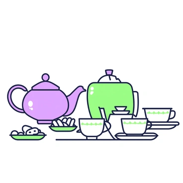 A classic tea set is arranged elegantly on a white tablecloth. The set includes a polished teapot with a curved spout and a decorative lid. Surrounding the teapot are four delicate cups, each with a matching saucer. The cups feature intricate floral patterns along the rim. A small sugar bowl with a lid and a creamer jug are placed adjacent to the teapot. On the table, there is a small plate holding a few assorted biscuits. The entire scene is depicted in line art, emphasizing the outlines and shapes of each component.