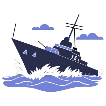 A powerful navy destroyer cutting through turbulent waters, with waves crashing against its hull. The destroyer is painted in dark navy blue, displaying sharp angles and tactical features. White spray erupts from the bow as it moves swiftly, with foam trailing behind it. In the background, dark storm clouds loom above, emphasizing the intensity of the scene.