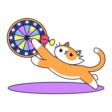 A playful cat with orange and white fur is batting at darts that are stuck in a home dartboard. The dartboard is mounted on a light-colored wall, featuring colorful segments. The cat is in mid-pounce, one paw raised and poised to hit a red dart. Its eyes are wide with excitement, and its tail is raised high, showcasing its playful demeanor. There is a small rug beneath the dartboard, adding warmth to the scene.