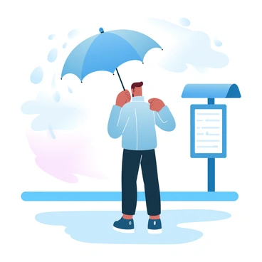 A commuter holding a large umbrella stands at a bus stop on a rainy day. The commuter is dressed in a waterproof jacket and wearing dark trousers, with droplets of rain visible on the umbrella. Surrounding the bus stop, puddles are forming on the ground, reflecting the gray skies above. Nearby, a bus schedule is displayed on a shelter, while raindrops continue to fall steadily around the scene.
