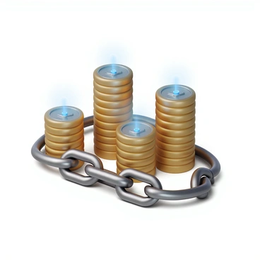 A digital chain with a sleek, metallic appearance wraps around several stacks of shiny coins. The coins have various designs and are made of different metals, including gold, silver, and bronze. The chain has interconnected links that appear to glow with a soft blue light, highlighting the concept of technology and digital transactions. The background has a subtle gradient that emphasizes the futuristic theme of blockchain money transfer. Each stack of coins is neatly arranged, showing their individual heights and textures.