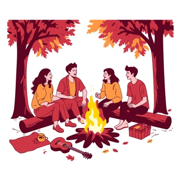 A group of five friends is sitting around a bright orange campfire in a lush forest. The friends are sitting on logs and blankets, laughing and sharing stories. They are surrounded by tall trees, their branches heavy with colorful fall leaves in shades of red and yellow. The fire casts a warm glow on their faces, illuminating their joyful expressions. The ground is scattered with fallen leaves, enhancing the autumn atmosphere. A few cozy camping items, like a guitar and a picnic basket, are placed nearby.