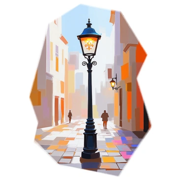 A vintage streetlamp stands prominently on a cobblestone street. The lamp features intricate fleur-de-lis designs etched into its decorative metalwork, showcasing detailed craftsmanship. The lamp's glass panes are softly glowing, casting warm light onto the surrounding area. The base of the lamp is ornate, with swirling patterns that complement the fleur-de-lis motif. In the background, silhouettes of historic buildings can be seen, adding to the timeless atmosphere of the scene.