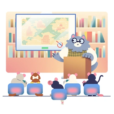 A fluffy gray cat with round glasses is standing at a podium, giving a lecture about ancient civilizations. The cat is wearing a small tweed vest and has a pointer in its paw, gesturing towards an illustrated map of ancient ruins displayed on a screen behind it. In front of the podium, a diverse audience of small mice is sitting attentively on tiny chairs, some taking notes with miniature notepads. The mice have varying fur colors, including brown, white, and black, and they are dressed in tiny clothes, such as little bow ties and dresses. The lecture room features wooden bookshelves filled with history books and scrolls, creating an academic atmosphere.