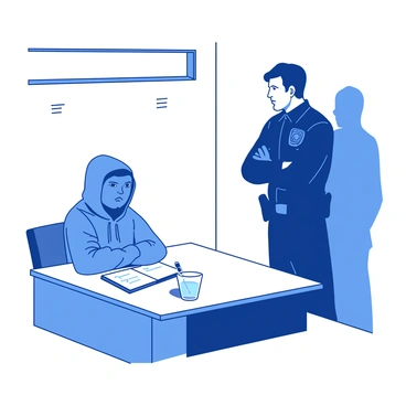 A suspect in a gray hoodie is sitting nervously at a table in an interrogation room. The walls of the room are a stark white, and harsh, bright lights cast strong shadows across the table. The officer, in a dark blue uniform, stands across from the suspect with a focused expression, arms crossed. A notepad and pen are placed on the table in front of the suspect, along with a half-empty glass of water. Tension fills the air as the officer leans slightly forward, creating an atmosphere of intensity.