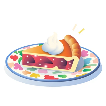 A slice of fig pie is placed on a round plate featuring a colorful floral pattern. The pie has a golden-brown crust with visible fig filling peeking out, glistening with a slight shine. On top of the pie, there is a generous dollop of white cream, perfectly shaped and adding a contrasting texture. The plate rests on a light wooden table, and there are delicate shadows cast by the pie and cream, enhancing the vibrant colors of the floral design on the plate.