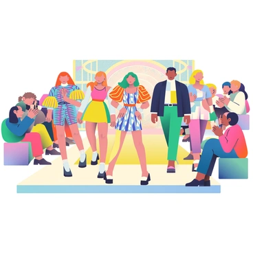 A vibrant 1960s fashion show is taking place with several models walking down a bright, eclectic runway. The models are wearing a variety of stylish outfits, including bold geometric patterns and vibrant colors. Some of the outfits feature mini dresses with flared sleeves, while others showcase tailored suits with high collars. The runway is adorned with multicolored lights and a psychedelic backdrop, enhancing the lively atmosphere. Spectators are seated on either side of the runway, dressed in period-appropriate clothing, clapping and taking photos. The overall scene is energetic and full of life, reflecting the fashion trends of the 1960s.