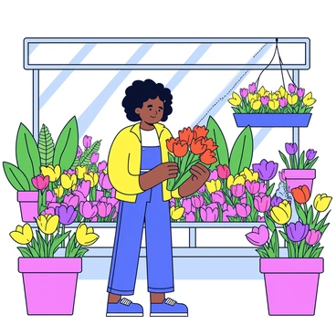 A consumer is standing in a vibrant garden center surrounded by a variety of colorful flowers. The garden center features rows of potted plants, with blooms in shades of pink, yellow, and purple. The consumer, a woman with curly hair, is examining a bouquet of bright orange tulips. In the background, there are lush green ferns and vibrant hanging planters. Sunlight filters through the overhead canopy, highlighting the rich colors of the flowers.