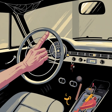 A zombie hand with decaying skin and long, bony fingers tightly grips the steering wheel of a vintage car. The car features a shiny chrome dashboard and a classic circular speedometer, showcasing its retro design. The garage is dimly lit, with beams of light filtering through dust particles in the air. Various tools and old car parts are scattered around the concrete floor, adding to the cluttered atmosphere of the garage. A web of cobwebs stretches across a corner, suggesting a long period of disuse.