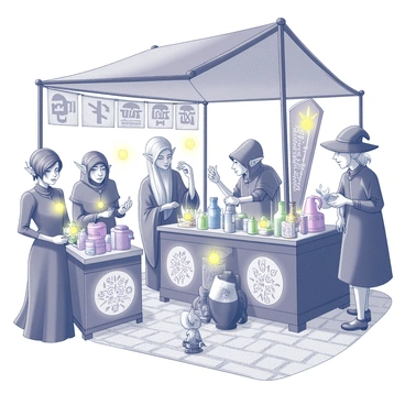 A busy market scene filled with various magical creatures. Different types of beings are present, such as a tall, slender elf with pointed ears selling enchanted trinkets, and a stout dwarf showcasing intricate, rune-inscribed weapons. There is a lively atmosphere as creatures barter and trade with animated expressions. Stalls are adorned with colorful banners and are filled with a variety of mystical goods, including glowing potions, ancient spellbooks, and shimmering crystals. In one corner, a small fairy flits around, demonstrating a magical item to an intrigued customer. The ground is paved with cobblestones, and overhead, a canopy of vibrant fabrics creates a festive vibe.