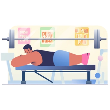 A person with a muscular build is lying on a bench in a classic gym setting, performing a barbell bench press. The individual has short black hair and is wearing a fitted black tank top and blue shorts. Their arms are extended upwards, gripping a silver barbell loaded with weights. In the background, there are motivational posters on the wall, featuring phrases like "Push Your Limits" and "No Pain, No Gain" in bold letters. The gym has a range of fitness equipment visible, including dumbbells and benches, all set against a warm, inviting atmosphere.