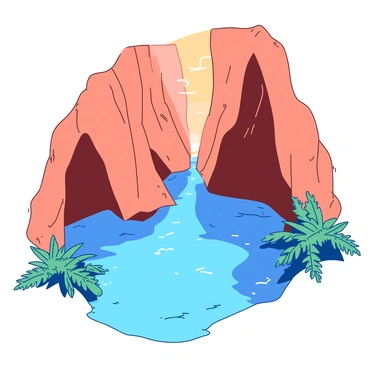 A blue grotto is tucked away within a deep orange canyon. The water in the grotto is crystal-clear, reflecting the light from above. Around the edges of the grotto, lush green ferns grow, their fronds gently reaching towards the water. The walls of the canyon rise steeply, creating a dramatic backdrop for the tranquil scene. Sunlight filters through the narrow opening above, casting soft shadows on the rocks and illuminating the clear water.