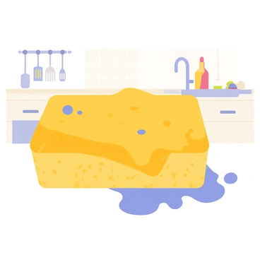 A bright yellow kitchen sponge with a porous texture is positioned on a counter. Water is visibly soaking into the sponge from a small puddle, demonstrating the process of absorption. The sponge is slightly swollen as it takes in the water, with droplets forming on its surface. In the background, there are kitchen utensils and a sink, enhancing the kitchen setting. The overall scene clearly illustrates the concept of osmosis through the sponge's interaction with the water.