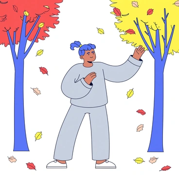 A person practicing tai chi stands gracefully in a serene autumn forest. The individual is dressed in loose, comfortable clothing in soft shades of gray. Red and yellow leaves are falling gently around them, creating a vibrant carpet of color on the ground. The trees surrounding the person are tall and bare, with their branches partially covered in warm autumn foliage. The sunlight filters through the leaves, casting delicate shadows on the forest floor.