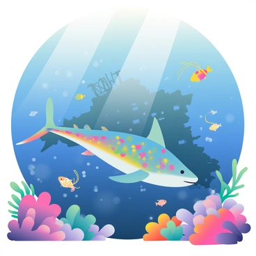 A swordfish with iridescent, glowing patterns on its sleek body is swimming gracefully through a magical underwater setting. The water is a deep blue, illuminated by soft beams of light filtering down from the surface. Colorful coral formations in shades of pink, purple, and orange surround the swordfish, swaying gently with the current. Small, luminescent jellyfish float nearby, their tentacles trailing behind them. Schools of tiny fish with vibrant scales dart around the scene, adding bursts of color. In the background, an ancient shipwreck is partially visible, covered in seaweed and home to various sea creatures.