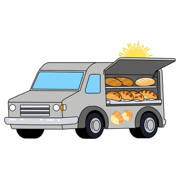 A futuristic bread truck with a metallic silver exterior and sleek, aerodynamic lines. The truck has large, rounded wheels that enhance its streamlined appearance. The front features a sharply angled windshield and LED headlights that give a modern look. The sides of the truck are embellished with colorful graphics of loaves of bread and pastries, creating an inviting display. The back of the truck has a large, open door revealing shelves filled with freshly baked goods, including baguettes and croissants. Above the truck, a bright sun casts a warm glow on the scene.