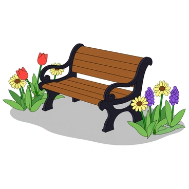 A wooden park bench with a dark brown finish sits on a light gray gravel path. The bench has a curved backrest and armrests. Surrounding it are vibrant blooming flowers in various colors, including red tulips, yellow daisies, and purple hyacinths. The flowers are in full bloom, with green leaves peeking out from the ground. The scene is bright and cheerful, with the sun shining down on the flowers and casting soft shadows on the path.