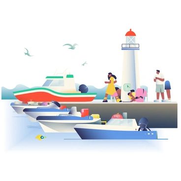 A busy harbor scene is depicted with multiple motor boats of different sizes and colors docked along a wooden pier. Some boats are painted bright blue and red, while others are white with colorful accents. People are seen moving around, with a man in a white shirt and a woman in a yellow dress standing on the pier, talking. In the background, a lighthouse stands tall, painted white with a red top. Seagulls are flying in the sky, and a few fish jumping out of the water can be seen nearby. The water is reflecting the vibrant colors of the boats and the surroundings.