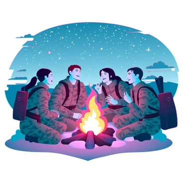 A group of soldiers in camouflage uniforms gathered around a brightly glowing campfire. The soldiers have various expressions of camaraderie and nostalgia as they share stories. One soldier, with short brown hair, leans forward, animatedly gesturing as he speaks. Another soldier, with longer black hair tied back, listens intently, laughing occasionally. In the background, a star-filled sky twinkles with numerous stars, illuminating the scene with a soft glow. The flickering flames of the campfire cast warm light and shadows on their faces, enhancing the intimate atmosphere of the moment. Several pieces of military gear are scattered around, including backpacks and weapons, emphasizing their rugged environment.
