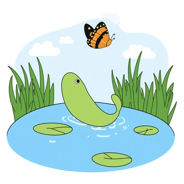 A small green tadpole with a rounded body and a long, thin tail is swimming near the surface of a clear pond. It is gazing upward, its eyes wide with curiosity. Above the tadpole, a colorful butterfly with vibrant orange and black wings is fluttering gracefully in the air. The pond is surrounded by lush green reeds and lily pads, with the sunlight reflecting off the water's surface. The background features a soft, light blue sky scattered with fluffy white clouds.