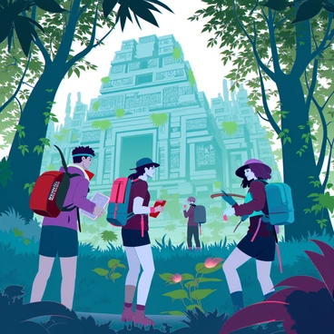 A group of explorers with diverse appearances is navigating through a dense jungle filled with lush, green foliage and towering trees. They are equipped with backpacks, machetes, and maps as they carefully make their way through the undergrowth. In the distance, partially obscured by the dense vegetation, there are ancient stone temples covered in vines and moss, showcasing intricate carvings that hint at a long-lost civilization. Sunlight filters through the canopy, creating dappled shadows on the forest floor, while exotic birds and other wildlife can be seen among the foliage. The atmosphere is filled with a sense of adventure and discovery.
