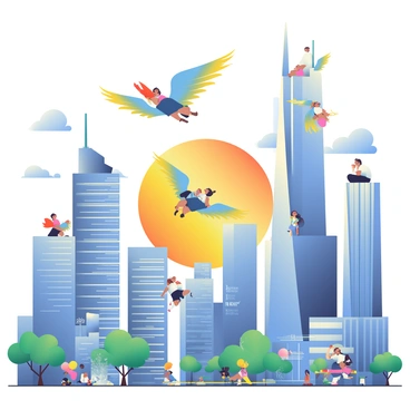 A futuristic cityscape is depicted, showcasing towering skyscrapers made of glass and metal, reflecting the sunlight. The architecture is sleek and modern, with buildings featuring angular shapes. Residents are soaring through the air with Icarus-inspired wings, which are large and feathered, displaying brilliant hues of blue and gold. Some individuals are gliding gracefully above the city, while others are preparing for takeoff from rooftops. Below, the bustling streets are filled with people engaged in daily activities, with greenery integrated into the urban environment. In the background, a vivid sunset casts a warm glow over the entire scene.