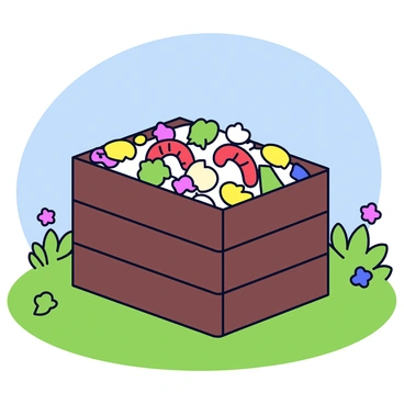 A wooden compost bin made of dark brown planks is situated in a green backyard. The bin is filled with a mixture of vegetable scraps, including peels, leaves, and small chunks of fruit, creating a colorful collage of compost materials. Among the scraps, several red earthworms are visible, wriggling through the compost. The surrounding area features lush green grass, a few colorful flowers, and a bright blue sky overhead.