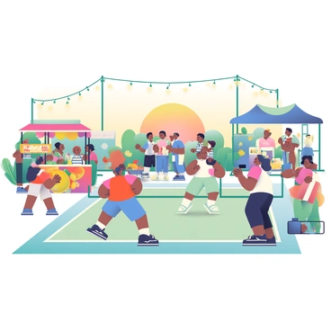 A community gathering at a pickleball court with food stalls and music