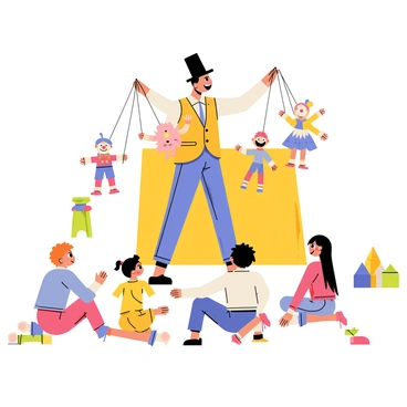 A charming puppeteer wearing a colorful vest and a tall hat stands in front of an audience of children. The puppeteer holds strings attached to a variety of delightful puppets, including a cheerful clown, a funny animal, and a princess. The children, sitting on the ground, are captivated, with wide smiles on their faces, as they watch the puppets dance and interact. The setting includes a simple wooden stage with a bright curtain and a few toys scattered around, enhancing the playful atmosphere.