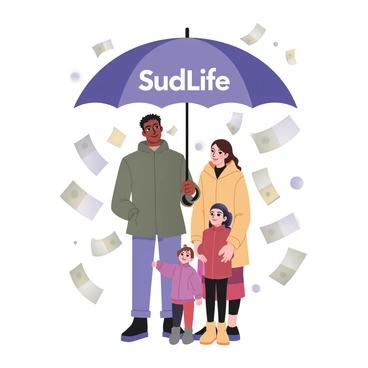 A digital flat illustration featuring a large umbrella labeled "SudLife" in vibrant blue, positioned prominently in the center. The umbrella is open wide and is sheltering a family of four from a rain shower of paper bills that are falling from above. The family consists of a father with dark skin and short curly hair wearing a green raincoat and blue jeans, a mother with light skin and long brown hair wearing a yellow rain jacket and black leggings, a young girl with medium skin and pigtails wearing a pink raincoat, and a toddler boy with light skin wearing a red raincoat. The bills are various colors, including white, green, and yellow, and they are floating down around the family, creating a dynamic scene of a rainy day. The background is a simple, flat illustration of gray clouds to emphasize the rain shower.