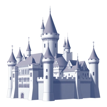 A large castle with multiple turrets and towers rising majestically against the sky. The towers have intricate designs featuring swirling patterns and organic shapes characteristic of art nouveau embellishments. The castle walls are adorned with detailed carvings and decorative motifs, adding to its grand appearance. Each turret is topped with a pointed roof, showcasing elegant finials. The overall structure conveys a sense of historic grandeur and architectural beauty.
