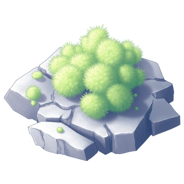 A detailed close-up of bright green arctic moss thriving on a rocky permafrost surface. The moss displays dense, vibrant tufts that contrast with the rough, uneven texture of the underlying rocks. Small patches of permafrost are visible in the surrounding area, exhibiting cracks and frost patterns. The overall scene highlights the resilient nature of the moss as it adapts to its harsh, frigid environment.