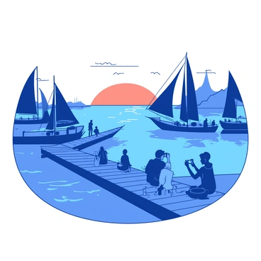 A blue harbor is filled with several boats, their shapes silhouetted against a glowing orange sunset. The sun is setting on the horizon, casting a warm light that reflects off the water's surface. In the foreground, a wooden pier extends towards the boats, where groups of people are gathered, facing the sunset. Some of the people are sitting on the edge of the pier, while others stand, capturing the moment with cameras. The sky is filled with a gradient of colors as day transitions into night.