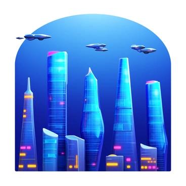 A futuristic city skyline with multiple skyscrapers featuring sleek glass exteriors. The buildings are adorned with vibrant lights, casting colorful reflections against their surfaces. Some structures have unique shapes, such as twisting designs and angular features. The sky above is a deep twilight blue, enhancing the illumination from the buildings. There are flying vehicles in the distance, further emphasizing the advanced technology of the city.